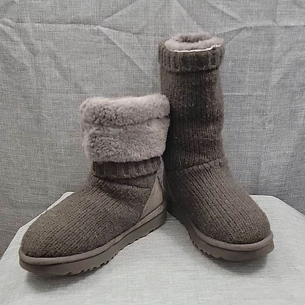 UGG Capra Gray Wool Knit Sweater Boots Shearling Lined Mid Calf 1012287 Size 5